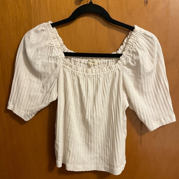 #92-MADEWELL-Women's White Knit Pointelle Peasant Top Stretch Square Neckline - Picture 1 of 3